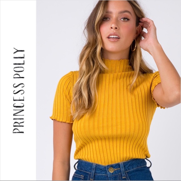 Princess Polly Tops - Mustard Yellow Ribbed Turtleneck Cropped Top